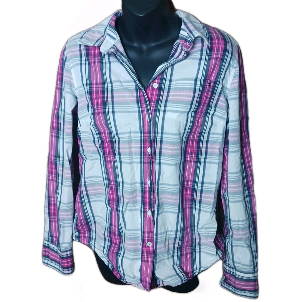 Tommy Hilfiger Long Sleeve Button Down Shirt Pink Blue Large